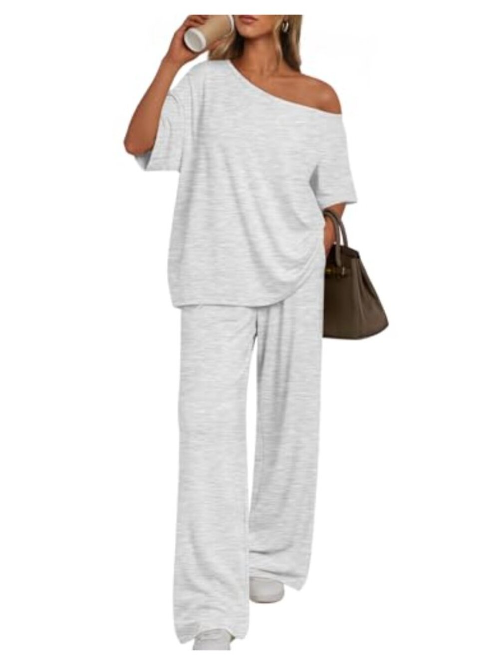 2 Piece Lounge Set Rayon Spandex Off Shoulder Wide Leg Travel Outfit